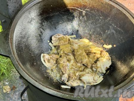 Обжарить курицу с луком в течение 5-7 минут, периодически перемешивая. Затем всыпать соль и специи (в качестве специй я использовала карри и хмели-сунели, можете использовать любые ваши любимые специи).