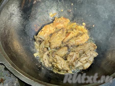 Перемешать курицу со специями.&nbsp;