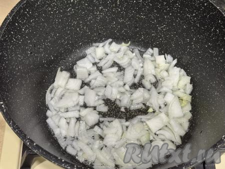 В кастрюлю с толстым дном влить немного растительного масла, разогреть, выложить мелко нарезанный лук.&nbsp; Если не хотите обжаривать в кастрюле, можете обжарить лук, а в дальнейшем и грибы, на сковороде, а затем уже варить грибной суп в кастрюле.