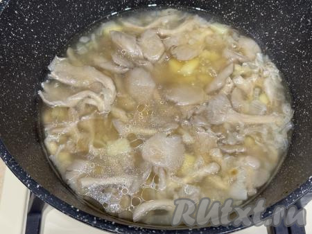 Дать воде закипеть, уменьшить огонь, варить грибной суп из вешенок 20 минут.&nbsp;