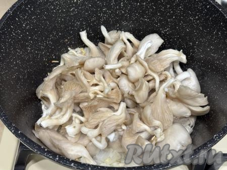 К обжаренному луку добавить вешенки, перемешать. Обжарить грибы с луком в течение 10 минут, время от времени помешивая.&nbsp;