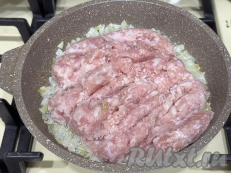 К луку, обжаренному до прозрачности, выложить мясной фарш.