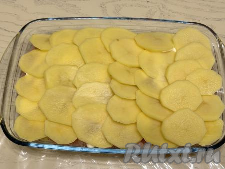 Выложить поверх куриного мяса оставшиеся кружочки картошки в один слой внахлёст.&nbsp;