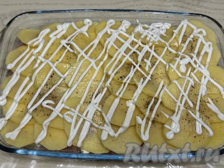 Посолить и поперчить слой картошки, нанести решётку из майонеза.&nbsp;