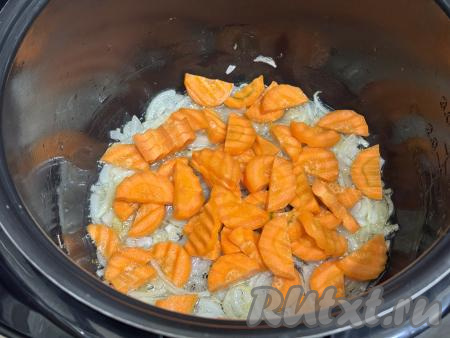 К обжаренному луку выложить морковку, нарезанную на тонкие полукружочки (или кружочки), перемешать, обжарить в течение 4-5 минут, время от времени помешивая и не закрывая крышку мультиварки.&nbsp;