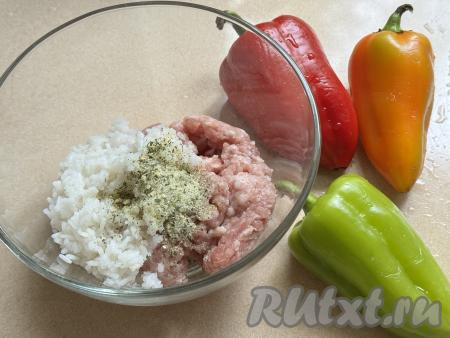 В миске соединить мясной фарш, остывший рис, добавить соль и любые специи по вкусу (в качестве специй, например, подойдёт чёрный молотый перец, я использовала соль, уже смешанную со специями).&nbsp;