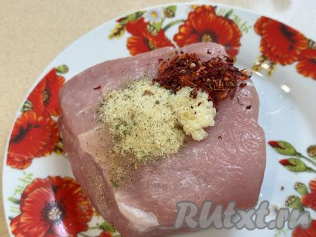 Кусок свинины промыть водой, обсушить бумажным полотенцем. Выложить свинину на тарелку, добавить очищенный и пропущенный через пресс чеснок, соль и специи по вкусу (в качестве специй я добавила 2 чайных ложки специй для мяса).&nbsp;