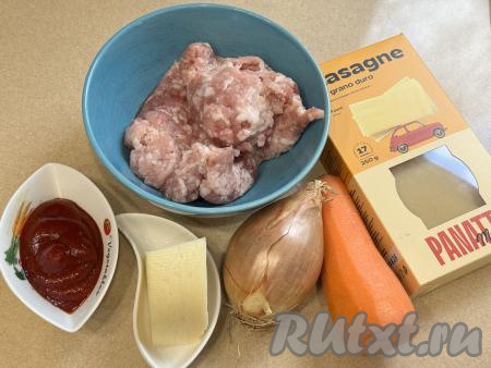 Подготовить продукты для приготовления ленивой лазаньи с листами для лазаньи на сковороде. Фарш для формирования лазаньи можно приготовить из любого мяса (я взяла свинину, но можно использовать и мякоть курицы, говядины, индейки). Для получения фарша нужно вымытое и обсушенное мясо пропустить через мясорубку в миску. При желании можно использовать и покупной мясной фарш. Лук и морковь почистить.&nbsp;