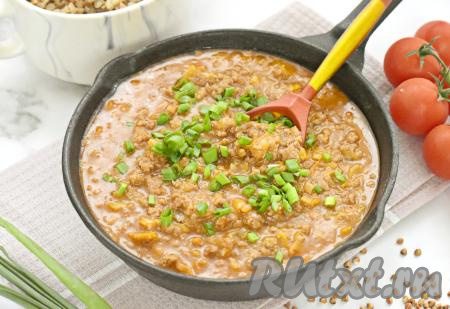 Фарш, тушёный в томатном соусе на сковороде