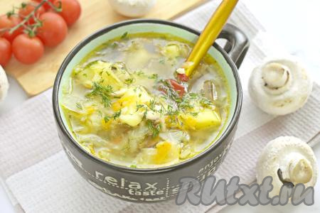 Насыщенные, аппетитные, вкусные, ароматные щи, сваренные с курицей и грибами, разливаем по тарелкам и горячими подаём к столу, дополнив, по желанию, сметаной или майонезом.