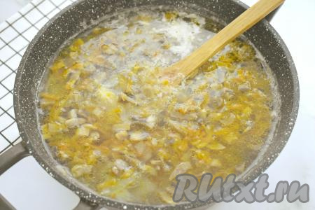 После того как картошка с капустой проварятся с момента закипания 15 минут, добавляем в кастрюлю жареные шампиньоны с морковкой и луком, перемешиваем. Даём закипеть, уменьшаем огонь, варим щи с курицей и грибами 10 минут.