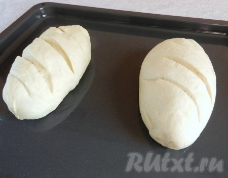 Достать замешанное тесто из хлебопечки и можно сразу приступать к формированию батонов. Противень смазать растительным маслом. Тесто разделить на две части, сформировать два батона, острым ножом сделать разрезы наискосок на поверхности батонов и оставить в тёплом месте без сквозняков на 30-40 минут для подхода.