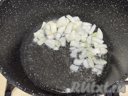 Нам потребуется большая глубокая сковорода или кастрюля с толстым дном. В сковороду (или в кастрюлю с толстым дном) влить растительное масло, поставить на огонь. Когда масло хорошо прогреется, выложить мелко нарезанный лук.