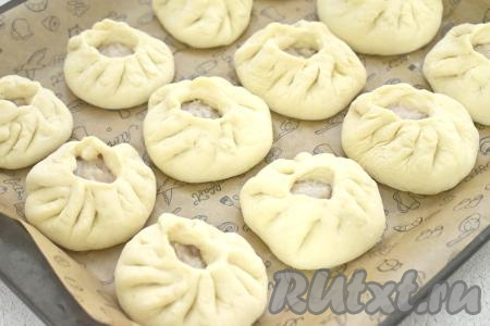 На противень, застеленный пергаментом, выкладываем сформированные беляши на небольшом расстоянии друг от друга (беляши увеличатся в размере в процессе выпечки). Оставляем беляши на расстойку в тёплом месте минут на 15-20.&nbsp;