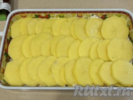 Картошку нарезать на кружочки толщиной 0,5 сантиметра, выложить внахлёст поверх индейки и лука.&nbsp;