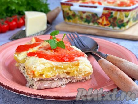 Мягкую картошку вместе с сочной индейкой, приготовленные по-французски в духовке, разложить по тарелкам и в горячем виде подать очень аппетитное, вкусное, нежное и сытное блюдо к столу.&nbsp;