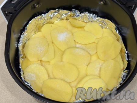 Посолить картошку по вкусу, выложить на фольгу ровным слоем, заполнив всё дно.