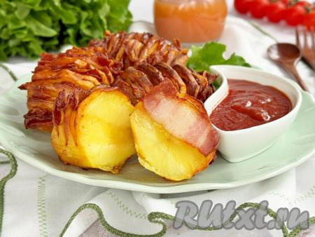 Готовую вкусную, аппетитную картошку-гармошку с беконом переложить из чаши аэрогриля на тарелку и, дополнив любимым соусом,&nbsp;в горячем виде подать к столу.