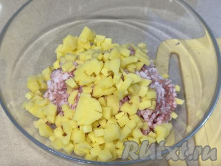 Пока тесто "отдыхает", подготовим начинку для ханума. Для этого в миску нужно выложить фарш, добавить картошку, нарезанную на мелкие кубики.