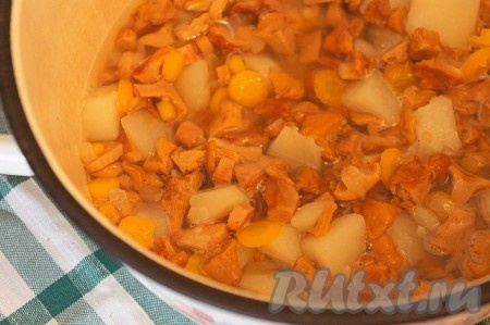 Периодически убирайте с супа накипь. Готовить суп из лисичек на среднем огне ещё 5-7 минут.