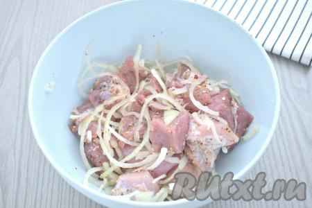 Тщательно перемешиваем кусочки свинины с луком и специями, стараясь мять руками и мясо, и лук. В процессе маринования луковый сок хорошо размягчает мясо, поэтому шашлык будет более нежным и сочным.