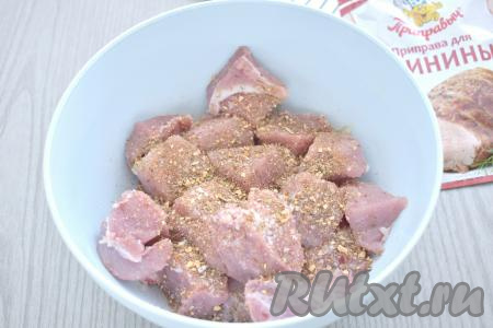 По вкусу солим кусочки свинины (добавляя соль, обязательно учитывайте, что в дальнейшем мясо будет мариноваться в майонезе, а он достаточно солёный), всыпаем специи (в качестве специй я использовала 1 чайную ложку приправы для свинины).
