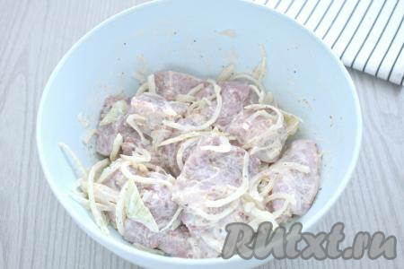 Миску с кусочками свинины и луком затягиваем пищевой плёнкой (или накрываем крышкой), убираем в холодильник часа на 2 (можно и на более длительное время), чтобы мясо хорошо промариновалось в майонезе и луке.