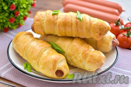 Пока в аэрогриле выпекается первая партия сосисок в дрожжевом тесте, постепенно раскатываем оставшиеся части теста, формируем следующую партию сосисок в тесте, оставляем на расстойку, а затем смазываем яйцом и выпекаем. Всего из предложенного количества продуктов получается 12 сосисок в тесте. Ароматные, вкусные, сытные, аппетитные сосиски, запечённые в дрожжевом тесте, к столу можно подавать и тёплыми, и полностью остывшими.