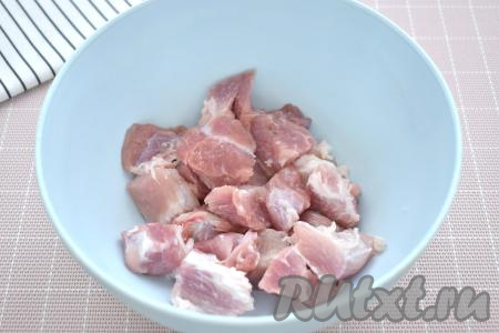 Мякоть свинины моем, обсушиваем, нарезаем на кубики со стороной примерно 2-2,5 сантиметра. Нарезанное мясо складываем в глубокую миску.