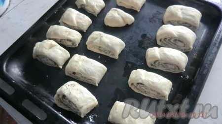 Нарезать маковый рулет поперек на кусочки шириной 4-5 см. Противень смазать растительным маслом и выложить рулетики. Духовку разогреть до 200 градусов. Выпекать рулетики с маком примерно 20-25 минут.
