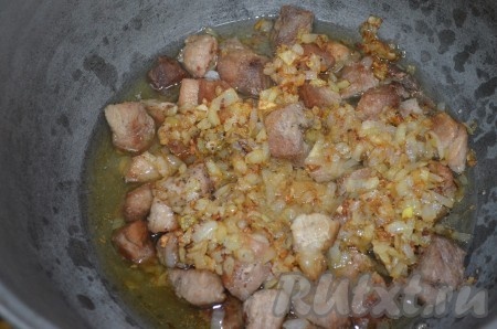 Мясо и лук соединить в казане, залить 1 стаканом воды, тушить 30-40 минут.