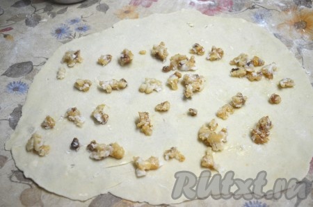Когда тесто поднимется, разделить его на 3 части, каждую часть раскатать в тонкий пласт. Тесто смазать растительным маслом, свернуть в рулет.

При желании тесто можно посыпать творогом, брынзой или маленькими кусочками обжаренного мяса, как видно на фото.