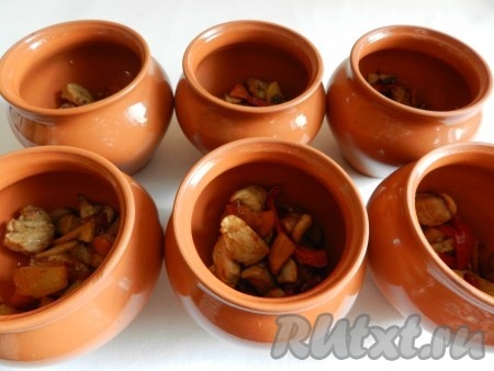 Разложить мясо с овощами по горшочкам.