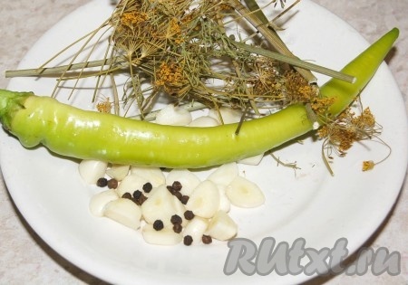 Приготовить специи - укроп, острый перец, черный перец горошком и крупно порезанный чеснок.