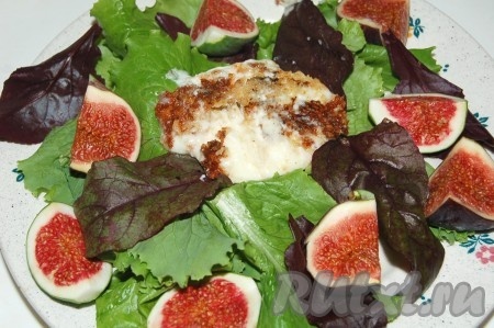 Обжаренный сыр выложить на листья салата.