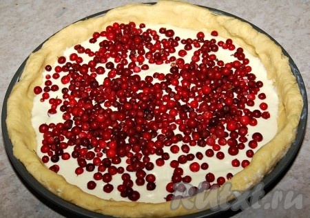 Равномерно по всей поверхности пирога разместить бруснику.