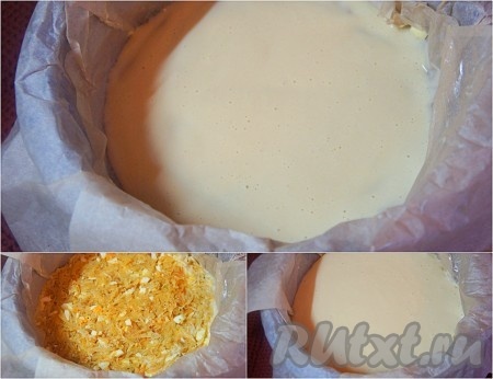 Духовку разогреть до 180 градусов. Форму для выпечки застелить бумагой для выпечки. Вылить половину теста, разровнять. Выложить капустную начинку, разровнять. Добавить сверху начинки оставшееся тесто, разровнять. Если не уверены в качестве вашей бумаги для выпечки, то перед выкладыванием теста можете смазать её растительным или сливочным маслом.