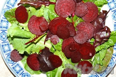 На тарелку выложить листья салата и кружочки свеклы.