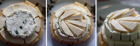 Сверху выложите оставшийся творог, края которого обложите Брынзой. Верх торта закройте копченым сыром.