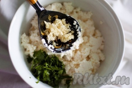 Творог разотрите с натертым на мелкой терке чесноком (4-5 зубчиков) и мелко порезанной зеленью.