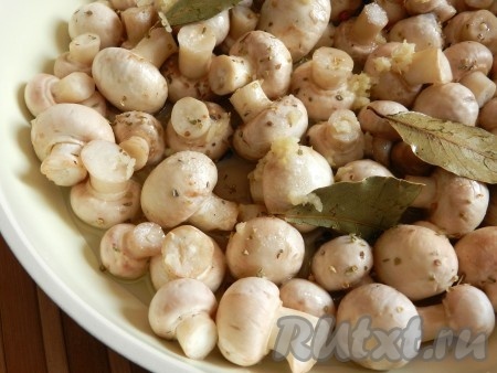 Шампиньоны выложить в глубокую сковороду (или сотейник), добавить растительное масло, яблочный уксус, соль, сахар, смесь перцев, зёрна горчицы, пропущенный через пресс чеснок, сушёный орегано и лавровые листья, перемешать, накрыть крышкой и поставить на средний огонь.