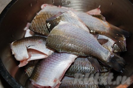 В процеженный чистый бульон одновременно добавить нарезанный картофель и очищенную, нарезанную крупную рыбу, посолить, дать бульону закипеть, а затем, уменьшив огонь, варить минут 15-20 (до мягкости картошки).