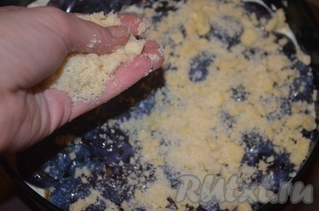 Сверху творожно-сливовый пирог посыпать крошкой.