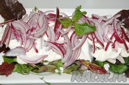 Залить майонезом и сверху выложить нарезанный тонкими пластинками репчатый лук. 