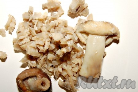 Для закуски № 3 нарезаем мелкими кусочками соленые грибы, смешиваем с измельченным яйцом и заправляем сметаной с майонезом.