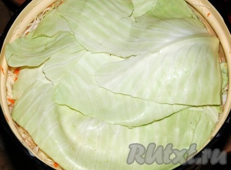 Таким образом перешинковать всю капусту и наполнить бак полностью. Сверху  прикрыть целыми листьями капусты.