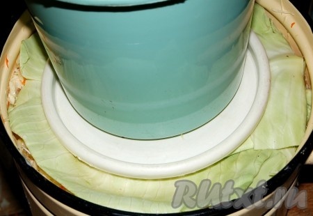 Поверх листьев поместить крышку (тарелку) и на нее установить груз.