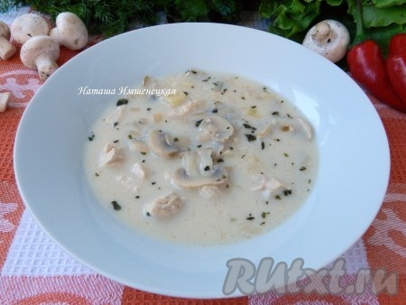 Сырный суп из курицы с плавленным сыром и грибами