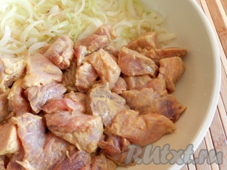 На растительном масле обжарить лук до прозрачности, добавить мясо, перемешать и обжаривать все вместе 5-7 минут.