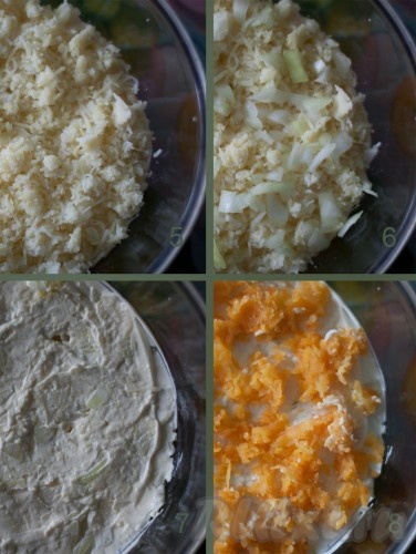 Продолжаем укладывать слои - на майонез половину лука, оставшийся картофель, снова лук, майонез и морковь.